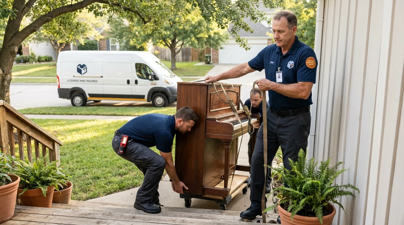 Licensed piano movers securing grand piano in Young Harris, GA