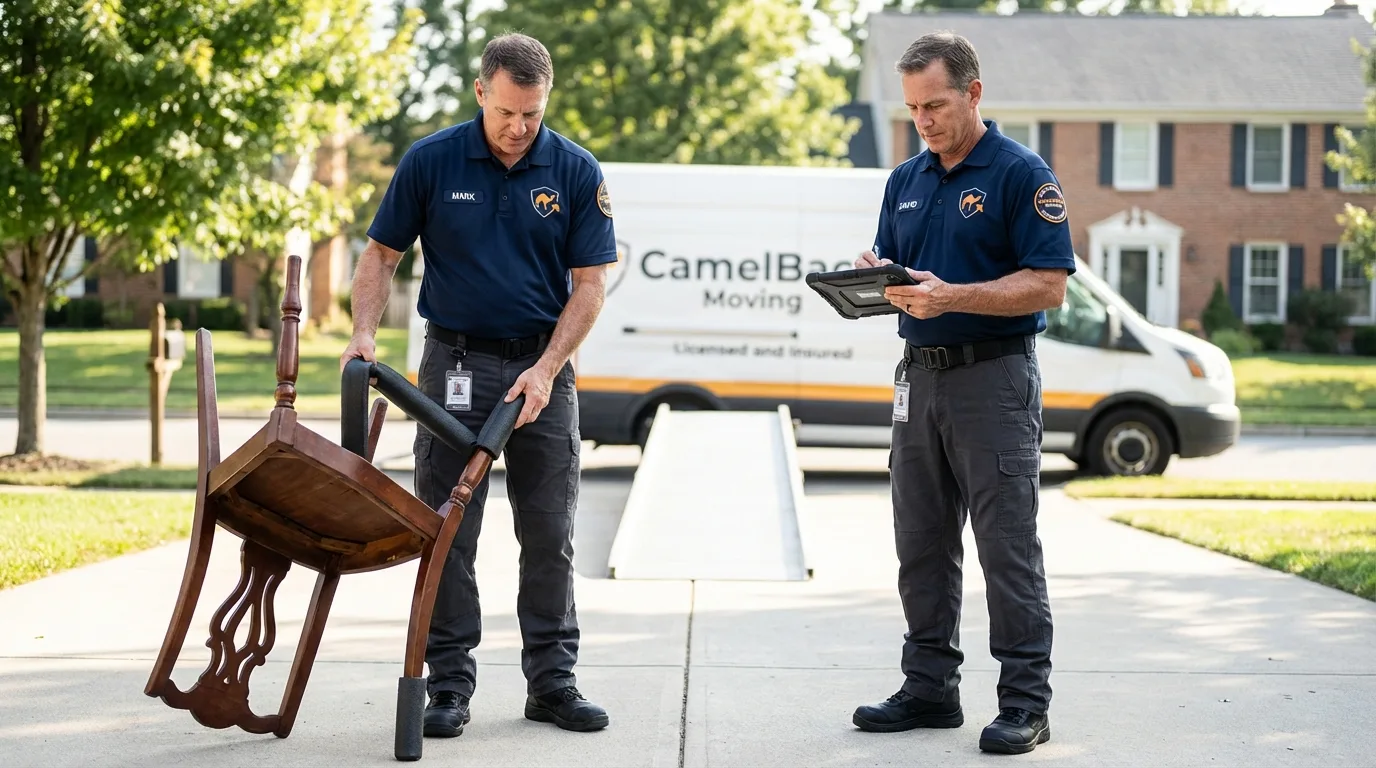 Movers inspecting furniture for damage prevention before loading in Young Harris, GA