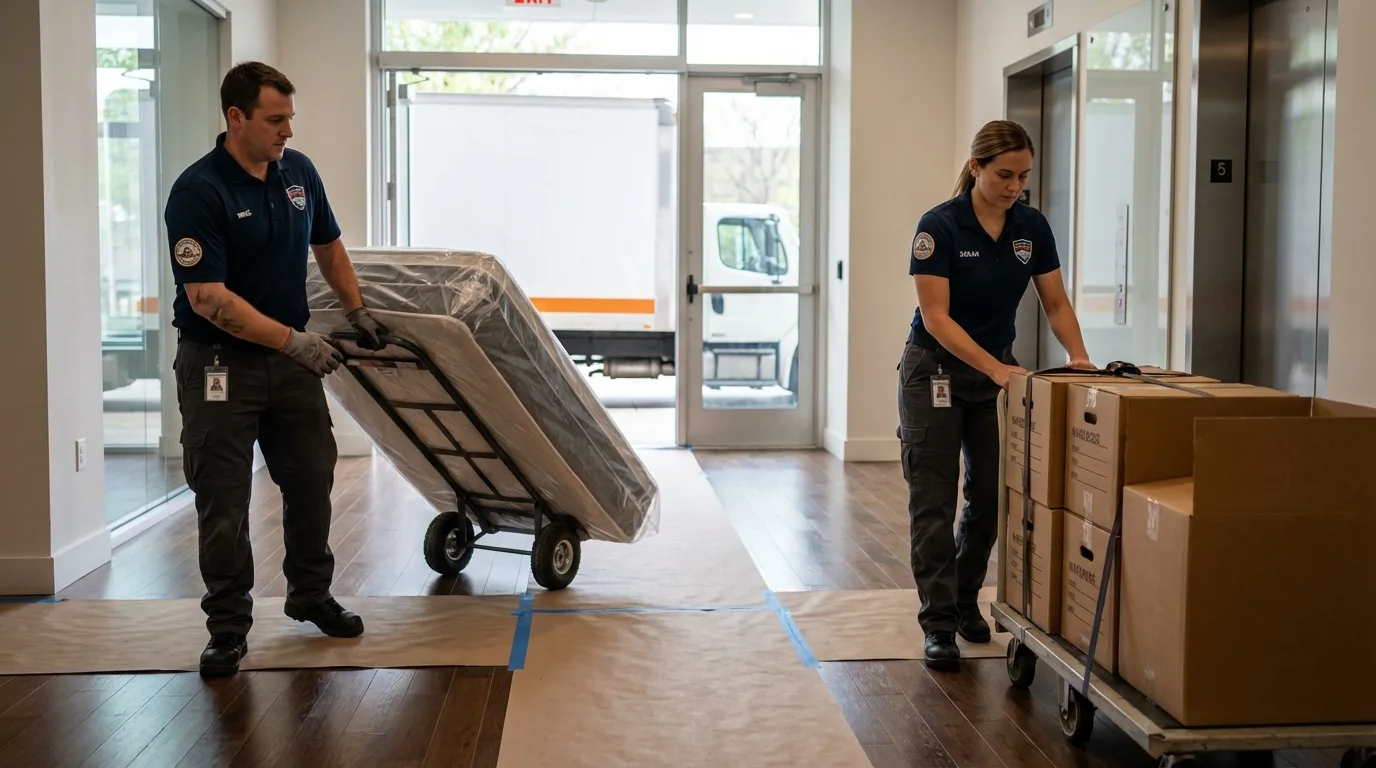 Professional apartment movers loading elevator in Young Harris, GA